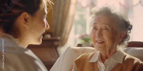 A photo depicting an elderly woman engaged in a conversation with a younger adult, showcasing a tranquil domestic setting with warm lighting