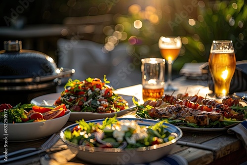 Outdoor dining setup with salads  grilled meats  and drinks at sunset  creating a cozy and inviting atmosphere for a summer meal.