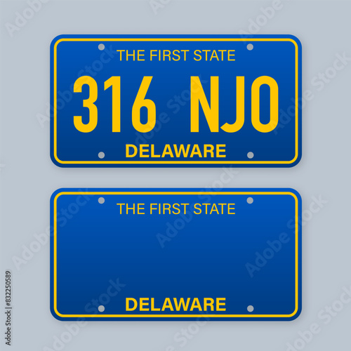 License plate of Delaware. Car number plate. Vector stock illustration