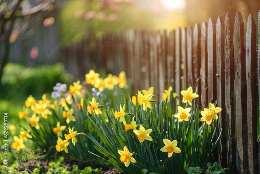 Obraz premium A beautiful flowerbed with daffodil flowers in the spring on a garden plot near the fence in the rays of sunshine