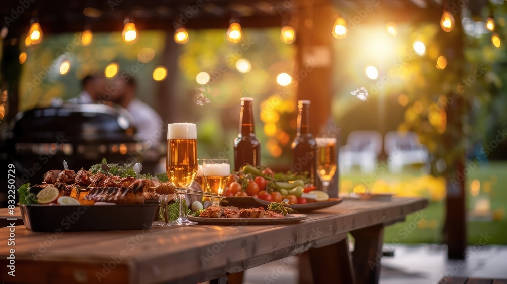 Outdoor barbecue with delicious food, drinks, and string lights creating a festive evening atmosphere in a garden setting. Outdoor barbecue with delicious food, drinks, and string lights creating a festive evening atmosphere in a garden setting.