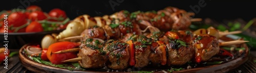 Delicious grilled meat skewers with vegetables on a plate, garnished with fresh herbs, perfect for a tasty barbecue meal. photo