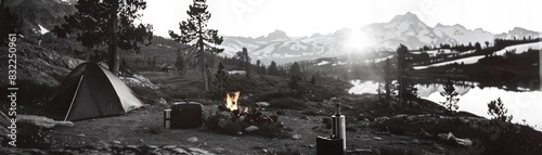 Scenic camping spot with a tent, campfire, and stunning mountain backdrop at sunset, perfect for outdoor adventures and nature lovers.