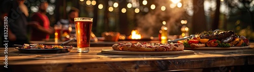 Outdoor dinner setting with pizza, roasted vegetables, and a glass of beer on a wooden table, surrounded by string lights and a campfire.