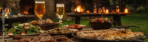 Outdoor dining table with grilled food, salads, and beer, set against a cozy nighttime backdrop with a fire in the background.