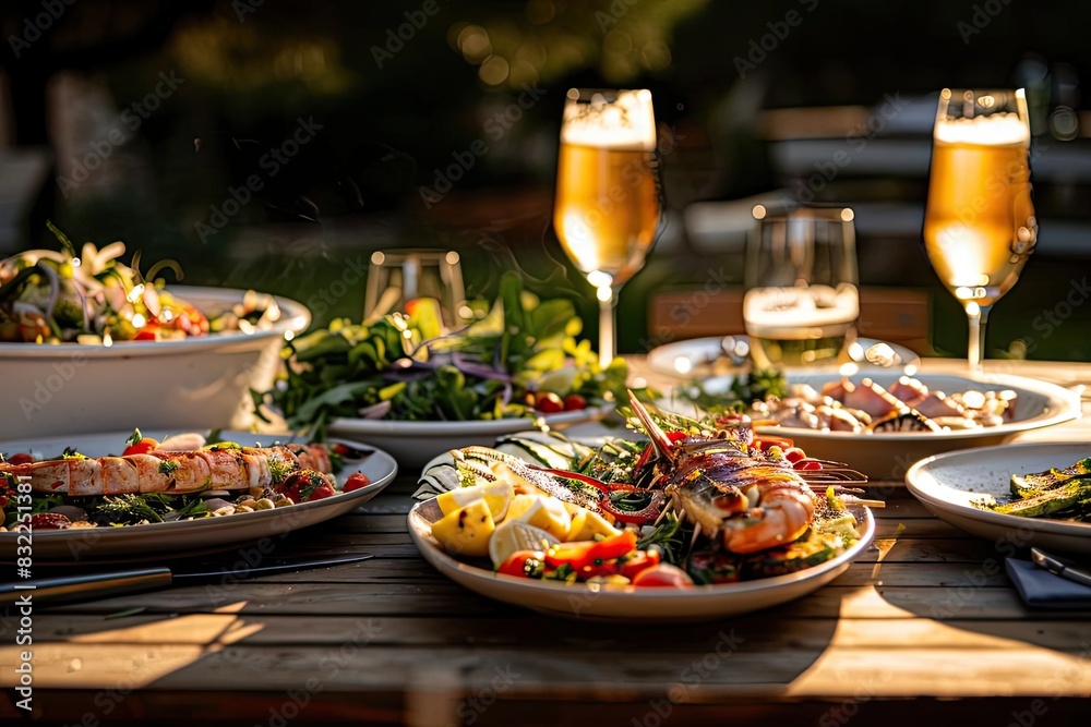 Elegant outdoor dining setup with various gourmet dishes and drinks on a wooden table, picturesque evening ambiance.