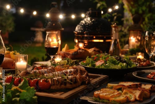 Festive outdoor dinner table set with grilled meat, fresh salads, and wine, surrounded by lights and foliage for a charming atmosphere.