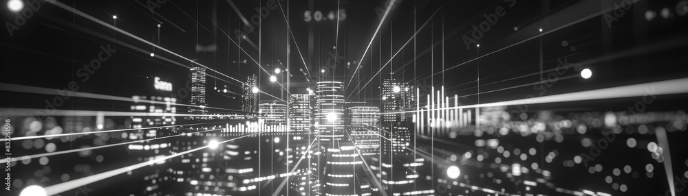 Abstract black and white cityscape with light trails and digital effects, showcasing a futuristic urban environment at night.