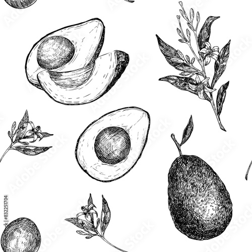 Seamless pattern with avocado hass graphic vector illustration, hand drawn sketch of vegetable,sliced avocado, flowers. Botanical drawing of tropical fruit. Engraving for food packaging design.