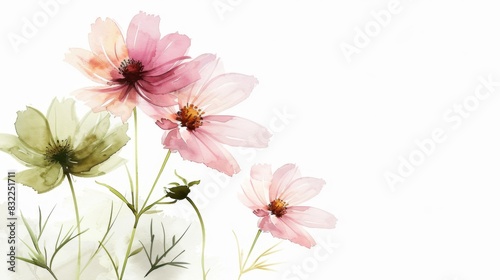 Elegant Watercolor Cosmos Flowers on White Background