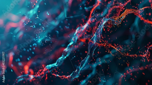 Abstract digital art with vibrant colors  depicting intricate network of red and blue lines and particles on a dark background.