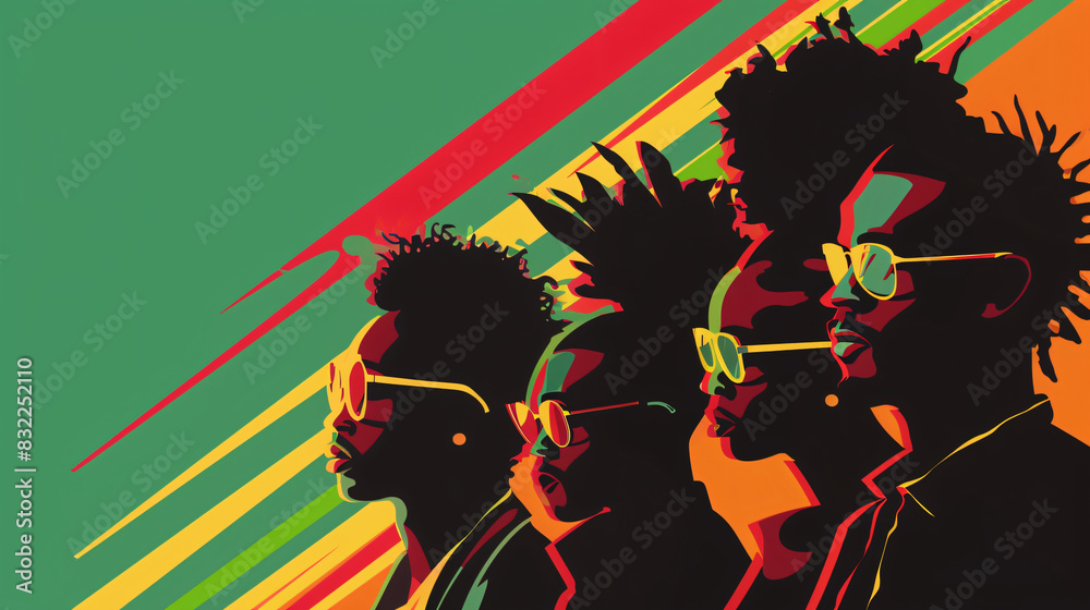 Vibrant vector illustration of afro-american silhouettes with stylish sunglasses, commemorating juneteenth and the essence of freedom and equality