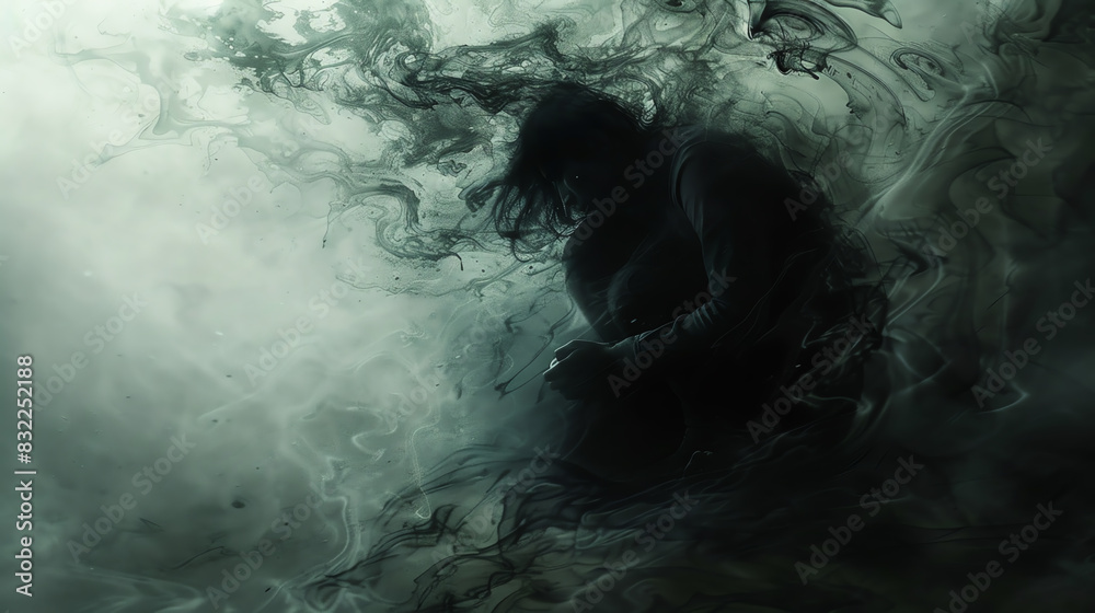 A shadow figure is enveloped in swirling smoke, creating a dark and mysterious atmosphere that suggests introspection and turmoil.