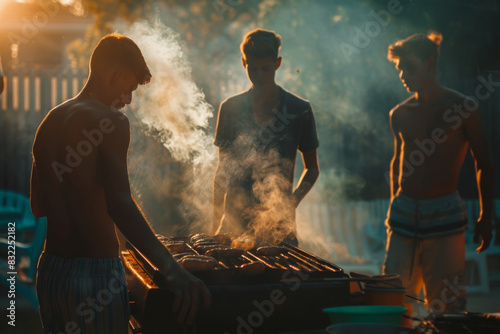 Enjoy the vibrant atmosphere of an outdoor party where a group of people is grilling barbecues under the warm glow of tungsten bulb lights, creating a lively and cozy Twilight time gathering. photo
