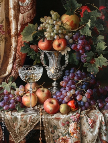 Classic still life with fruits, a silver goblet, and drapery, high contrast lighting, rich and luxurious tones, detailed and opulent