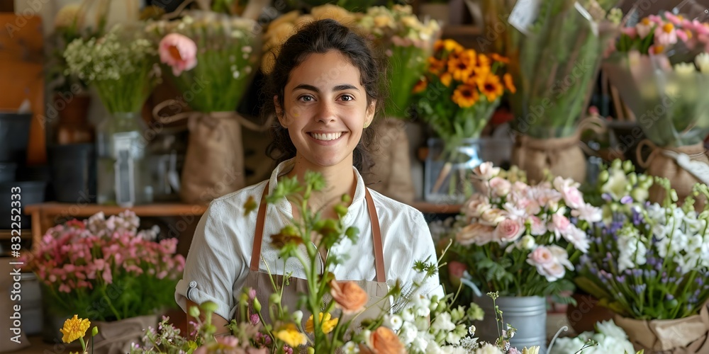 Female florist happily arranging fresh flowers in shop. Concept Florist, Flowers, Shop, Arranging, Happiness