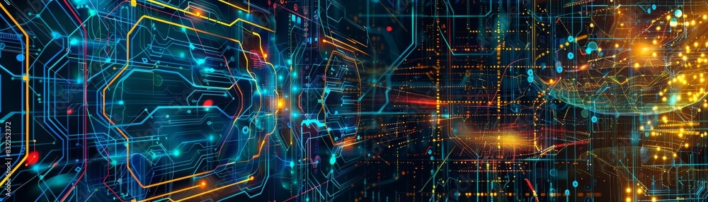 Abstract digital technology background with futuristic circuit design and data flow. High-tech visualization and cyber concept. Abstract digital technology background with futuristic circuit design and data flow. High-tech visualization and cyber concept.