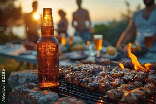 Enjoy the vibrant atmosphere of an outdoor party where a group of people is grilling barbecues under the warm glow of tungsten bulb lights, creating a lively and cozy Twilight time gathering.