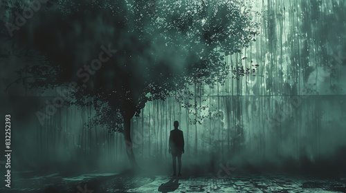 A dark figure stands alone in a surreal and eerie environment. The figure is surrounded by strange  glowing trees and plants. The atmosphere is one of mystery and suspense.