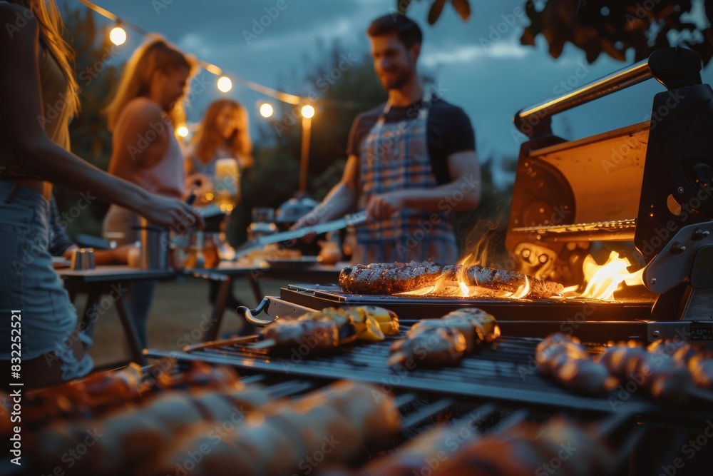 Enjoy the vibrant atmosphere of an outdoor party where a group of people is grilling barbecues under the warm glow of tungsten bulb lights, creating a lively and cozy Twilight time gathering. Enjoy the vibrant atmosphere of an outdoor party where a group of people is grilling barbecues under the warm glow of tungsten bulb lights, creating a lively and cozy Twilight time gathering.