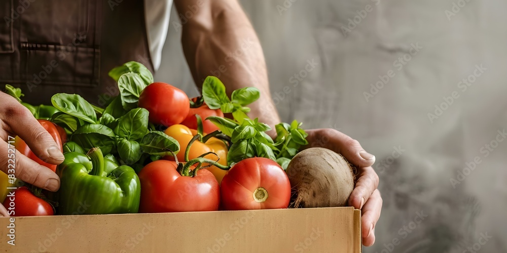 Farmers hands holding box of organic fruits and vegetables in an ...