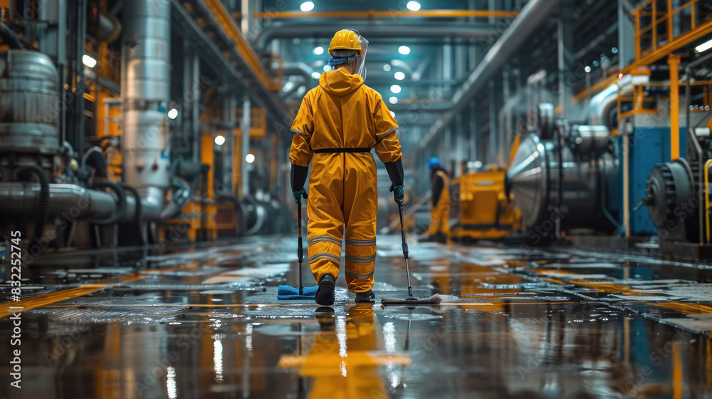 Scientist workers wearing protection suit at chemical industry