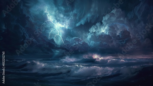 Powerful Thunderstorm at Coastline with Dramatic Night Sky, Dark Clouds, Lightning Strikes, and High Waves - Natural Disaster Concept