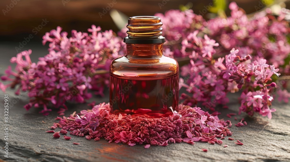 Thyme essential oil bottle with delicate blooming flower decorations for aromatic home wellness Thyme essential oil bottle with delicate blooming flower decorations for aromatic home wellness