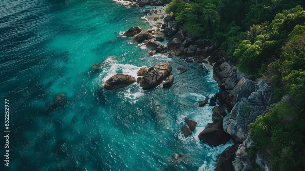 Aerial View of Tropical Sea with Waves Crashing on Rocky Coastline in Phuket, Thailand - Stunning Nature Background Aerial View of Tropical Sea with Waves Crashing on Rocky Coastline in Phuket, Thailand - Stunning Nature Background
