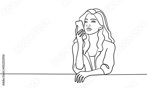 Girl looks on the phone continuous line art drawing isolated on white background. Vector illustration