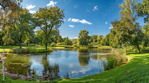 Serene Panoramic View: Stunning Park Landscape with Tranquil Scenery and Lush Greenery - Nature's Beauty