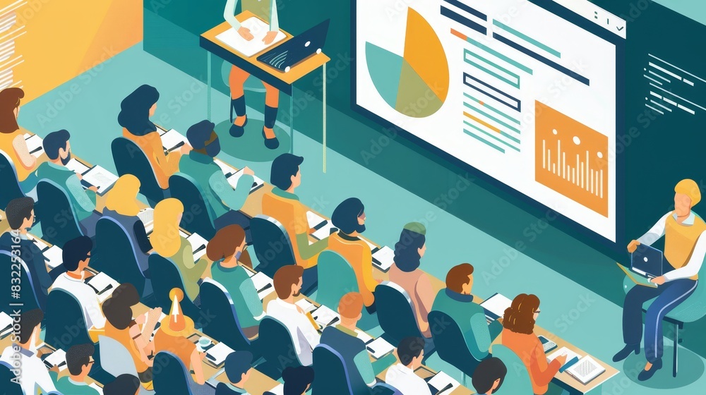 Audience attending a business presentation with charts and graphs on a ...