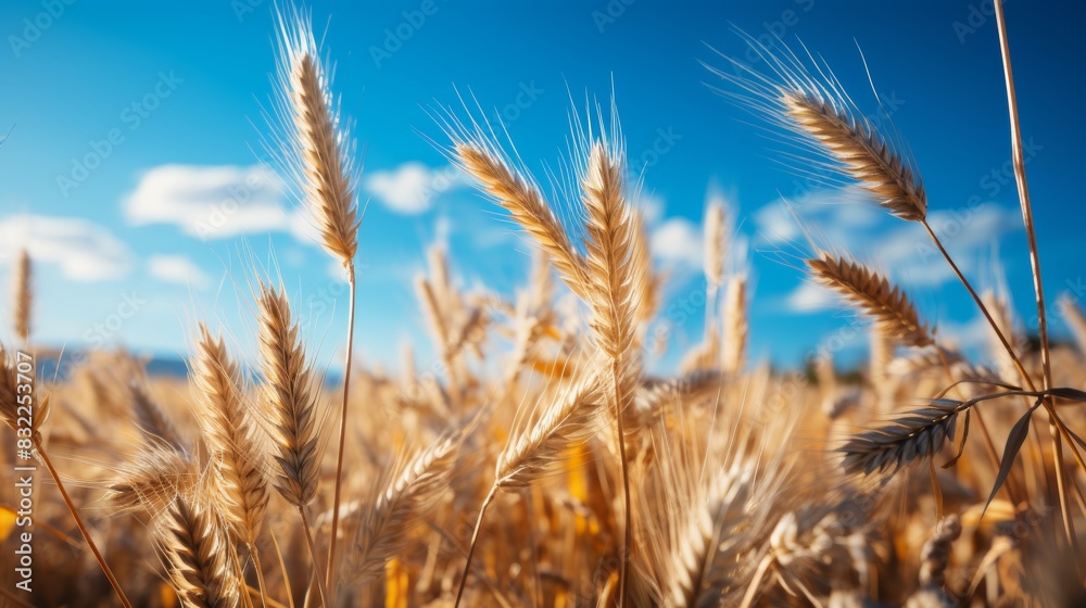 Obraz premium Golden wheat ears glistening in sunlight against blue sky in wheat field close up view