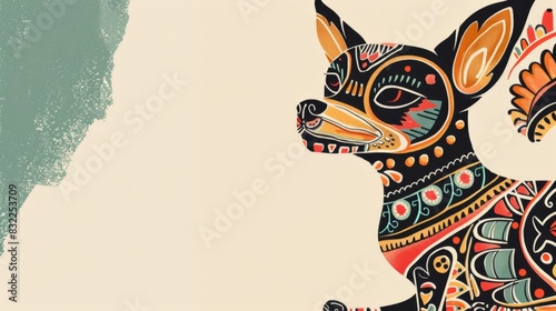 Colorful Alebrije Dog Illustration with Abstract Artistic Background