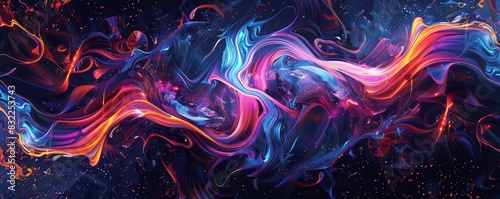 Colorful abstract digital artwork featuring fluid, swirling shapes on a dark background, creating a mesmerizing cosmic and dreamy effect. © Sodapeaw