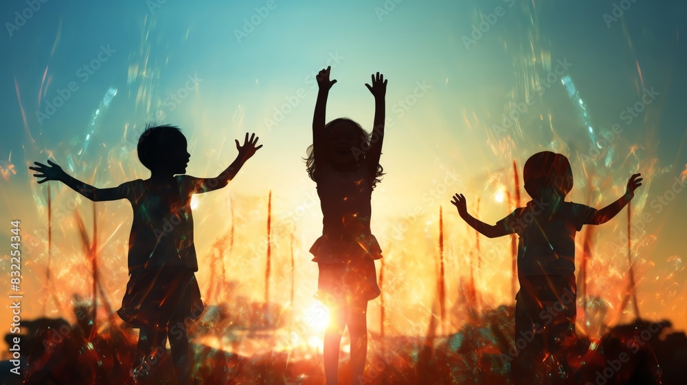 Obraz premium Silhouettes of three children playing joyfully at sunset with colorful lights in the background. A moment of happiness and freedom.
