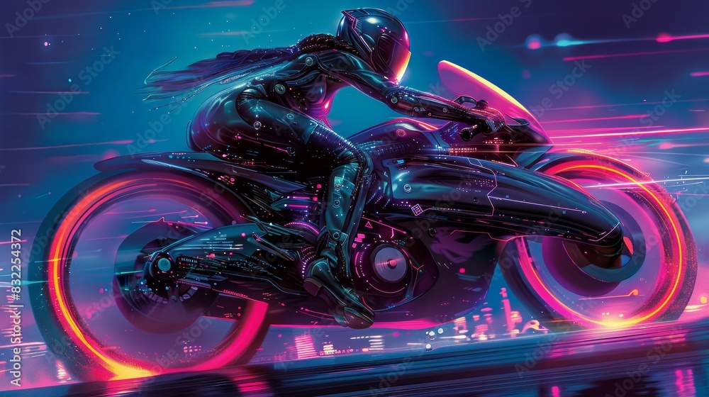 A futuristic motorcyclist in sleek black gear riding a high-tech motorcycle with neon lights