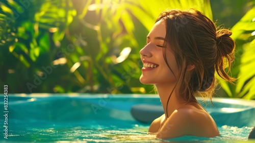 Beautiful woman relaxing in bathtub outdoors. Young beautiful woman relaxing in spa bath, outdoor swimming pool in upscale leisure hotel during vacation. © Pan_Lluvia