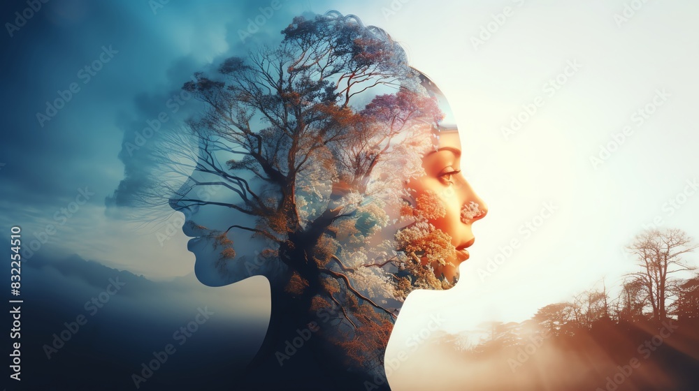 Creative double exposure image blending a woman's profile with a nature landscape, symbolizing harmony between humanity and the environment.