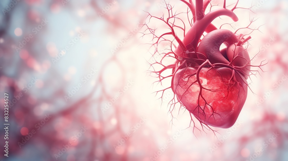 Detailed 3D rendering of a human heart with branching blood vessels ...