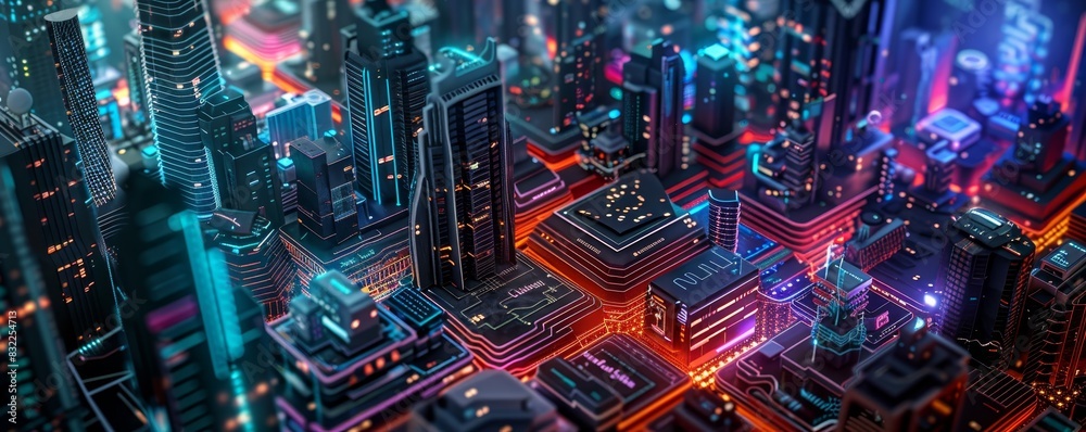 Futuristic cityscape at night with neon lights, vibrant urban architecture, and glowing streets. High-tech metropolis in a digital age.