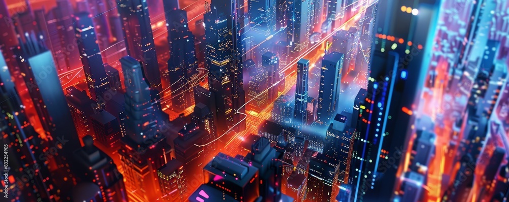 Fototapeta premium Futuristic cityscape with vibrant neon lights and high-rise buildings creating a vivid, glowing urban landscape at night.
