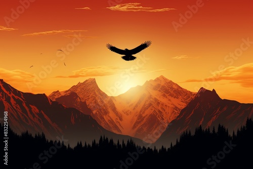 Majestic eagle soaring over mountain range at sunset, with a vibrant orange sky and dramatic landscape in the background. © Jenjira
