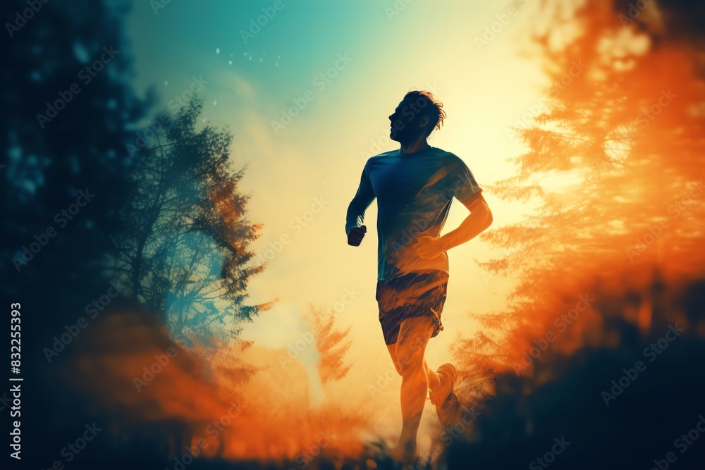 Silhouette of a man running outdoors at sunset with trees in the background, capturing the energy and essence of fitness and nature. Silhouette of a man running outdoors at sunset with trees in the background, capturing the energy and essence of fitness and nature.