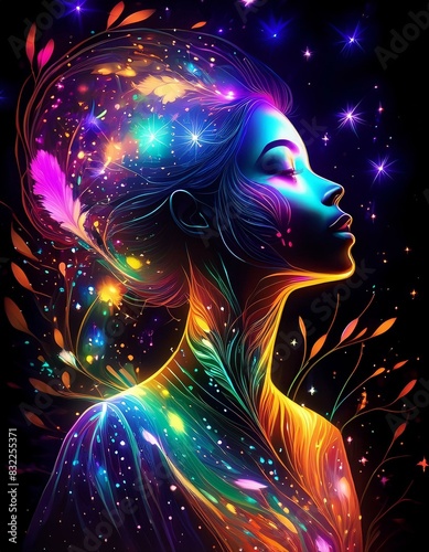 a girl with a colorful hair and a colorful background