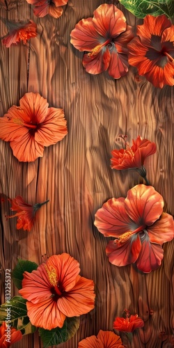 Tropical wood grain  interspersed with vibrant hibiscus flowers in full bloom  showcasing a harmonious blend of natural wood textures and the lively colors of summer  ai generated