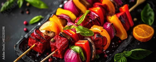 Colorful vegetable and meat skewers on a grill tray, garnished with fresh herbs, ready for grilling. Perfect for a healthy barbecue. photo