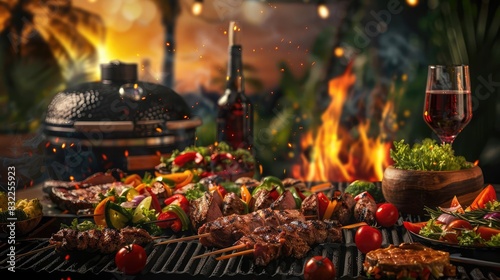 Outdoor barbecue with grilled meats  vegetables  wine  and fire in a tropical setting at sunset  evoking a sense of relaxation and enjoyment.