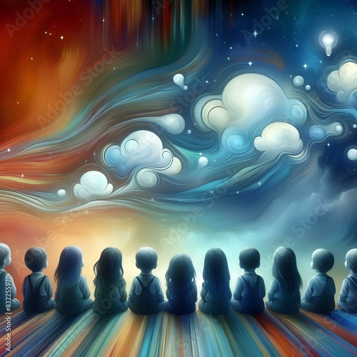 An illustration of group of children looking at the sky