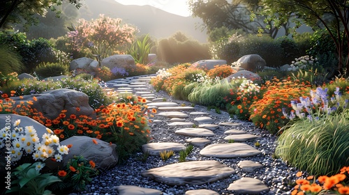 a tranquil spa garden with a footpath through fragrant flowers and plants